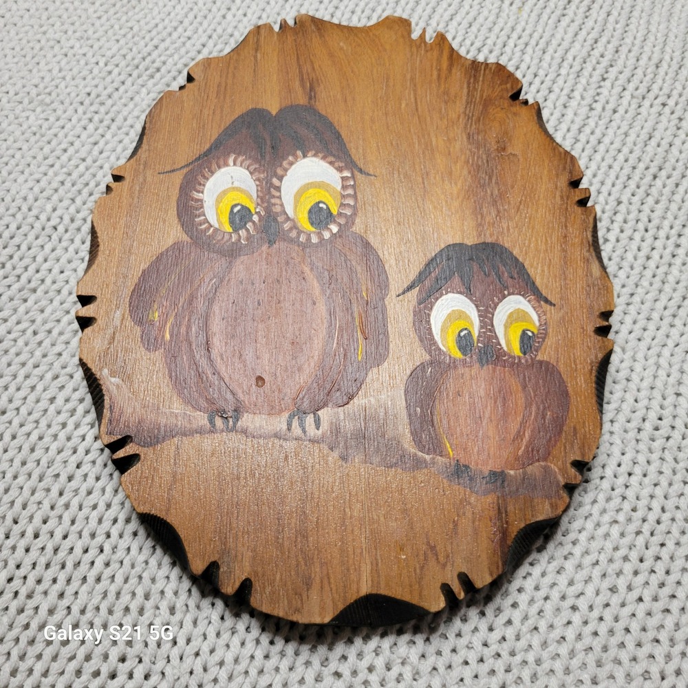 Vintage Hand Painted Wooden Owl Wall Plaque Rustic Folk Art Decor 9 Inch
